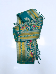 Teal Green Banarasi Silk Saree with Gold Zari & Peacock Floral Weave