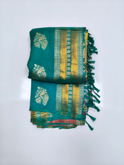 Teal Green Banarasi Silk Saree with Gold Zari & Peacock Floral Weave