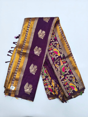 Royal Purple Banarasi Silk Saree with Gold Zari & Multicolor Peacock Floral Pallu