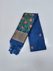 Royal Blue Jamdani Saree with Floral Woven Pallu