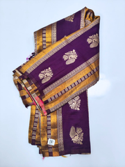 Royal Purple Banarasi Silk Saree with Gold Zari & Multicolor Peacock Floral Pallu