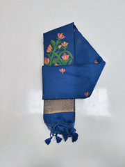Royal Blue Jamdani Saree with Floral Woven Pallu