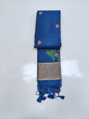 Royal Blue Jamdani Saree with Floral Woven Pallu