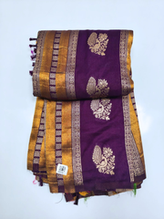 Royal Purple Banarasi Silk Saree with Gold Zari & Multicolor Peacock Floral Pallu