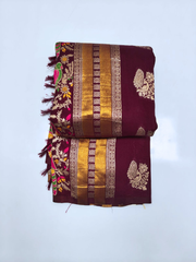 Royal Wine Purple Banarasi Silk Saree with Gold Zari Paisley & Floral Pallu