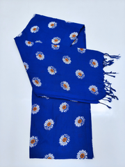 Royal Blue Floral Printed Saree with White Sunflower Motifs & Tassel Border