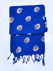 Royal Blue Floral Printed Saree with White Sunflower Motifs & Tassel Border