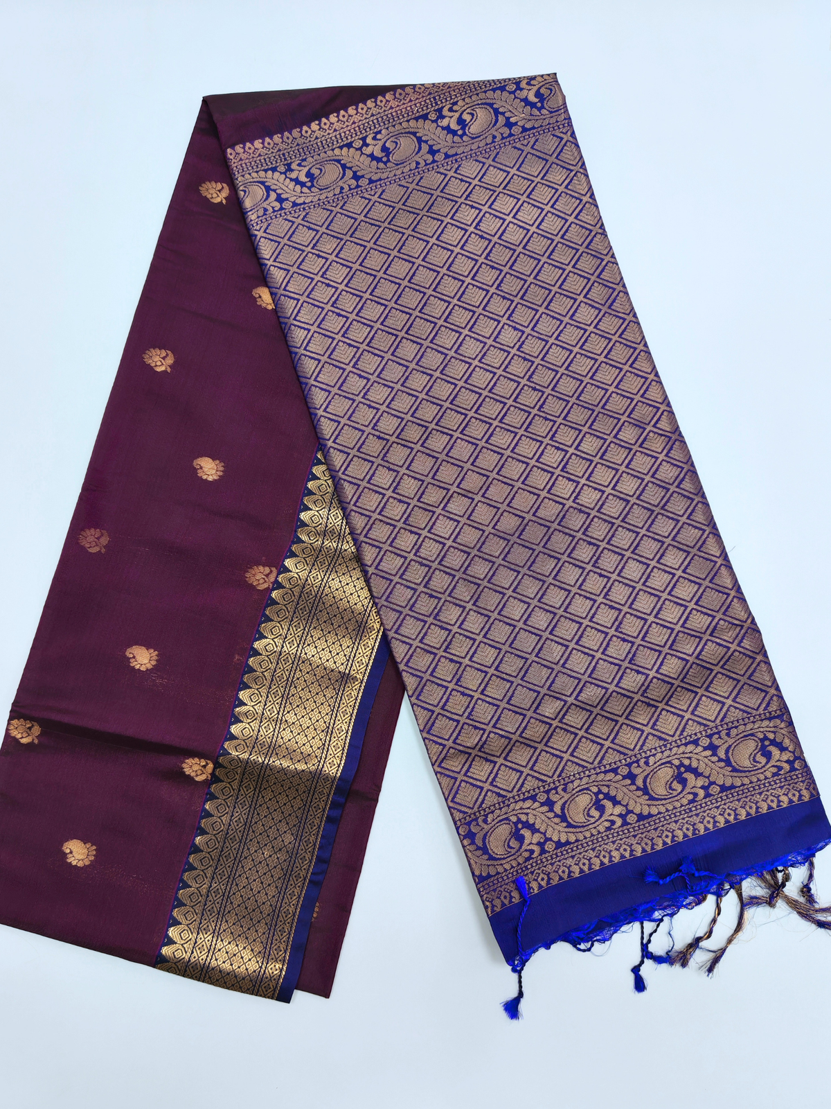 Maroon Upada Pattu Saree with Royal Blue Zari Border