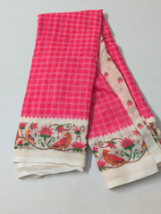 Blush Pink Checked Linen Cotton Saree with Floral Bird Border
