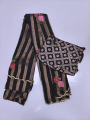 Black Space Silk Saree with Golden Stripes & Rose Embroidery