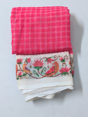 Blush Pink Checked Linen Cotton Saree with Floral Bird Border