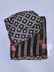 Black Space Silk Saree with Golden Stripes & Rose Embroidery