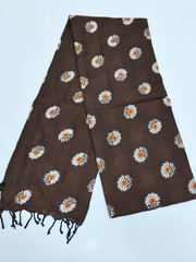 Chocolate Brown Floral Printed Mull Cotton Saree with White & Orange Flower Motifs