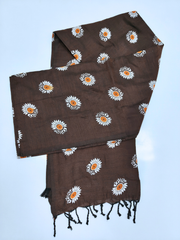 Chocolate Brown Floral Printed Mull Cotton Saree with White & Orange Flower Motifs