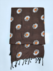 Chocolate Brown Floral Printed Mull Cotton Saree with White & Orange Flower Motifs