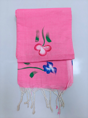 Pink Floral Printed Mull Cotton Saree with Colorful Flower Motifs & Tassel Finish