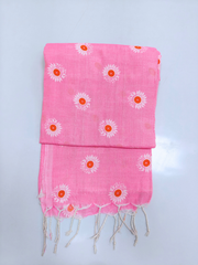 Pink Floral Printed Mull Cotton Saree with White Flower Motifs & Tassel Finish