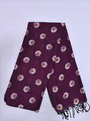 Wine Purple Cotton Saree with White Floral Print & Black Tassel Border