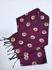 Wine Purple Cotton Saree with White Floral Print & Black Tassel Border