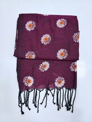 Wine Purple Cotton Saree with White Floral Print & Black Tassel Border