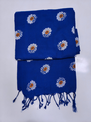 Royal Blue Cotton Saree with White Floral Print & Black Tassel Detailing