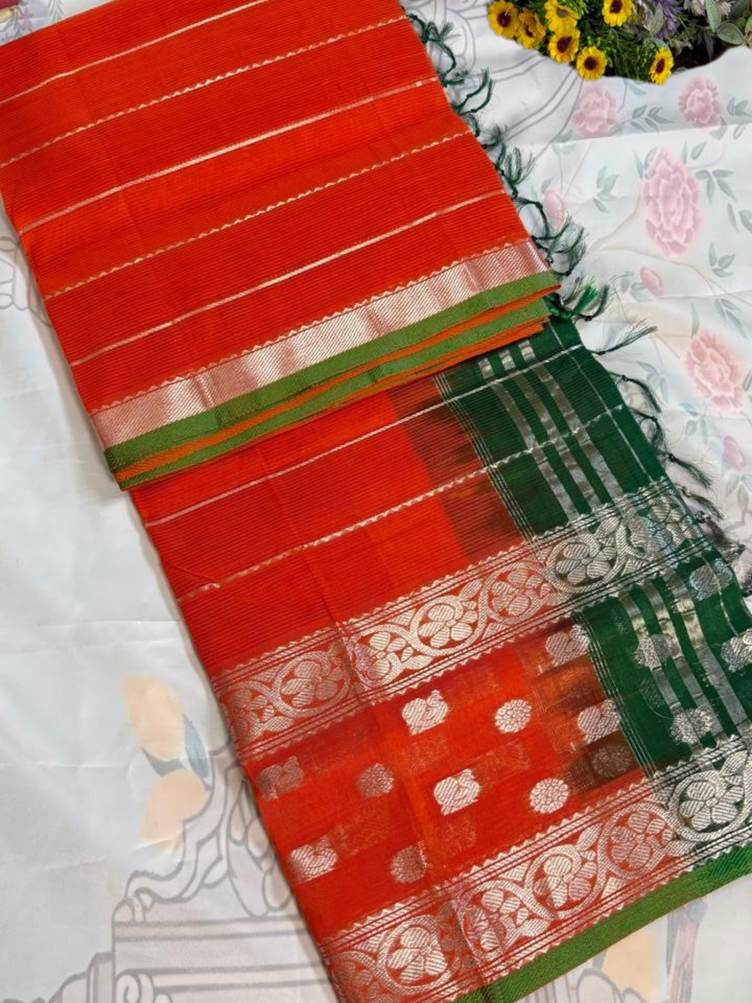 Radiant Orange Mangalgiri pattu saree 