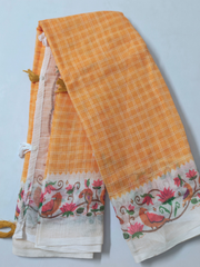 Yellow Checked Linen Cotton Saree with Floral Bird Border