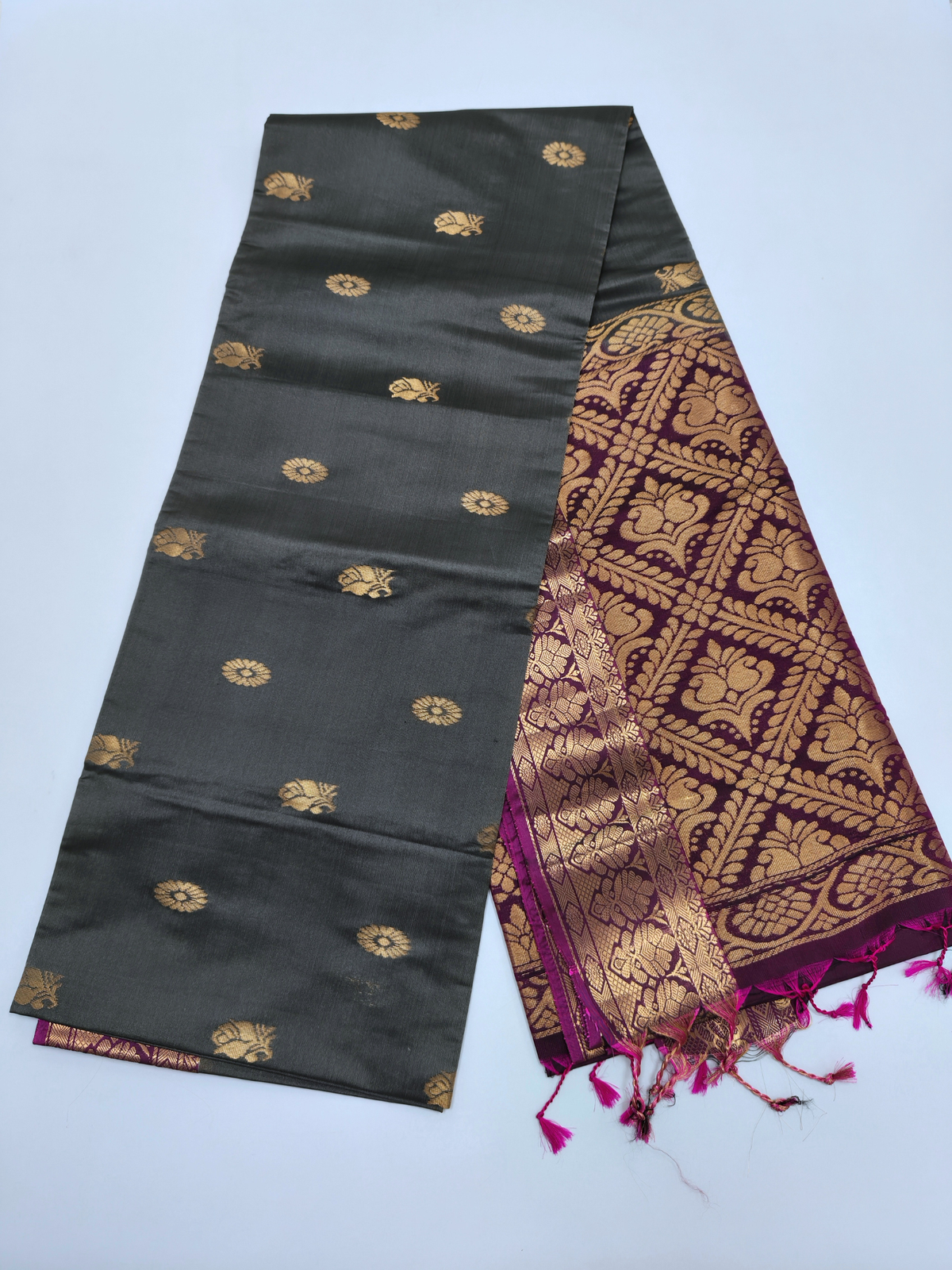 Charcoal Grey Upada Pattu Saree with Wine Zari Pallu