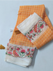 Yellow Checked Linen Cotton Saree with Floral Bird Border