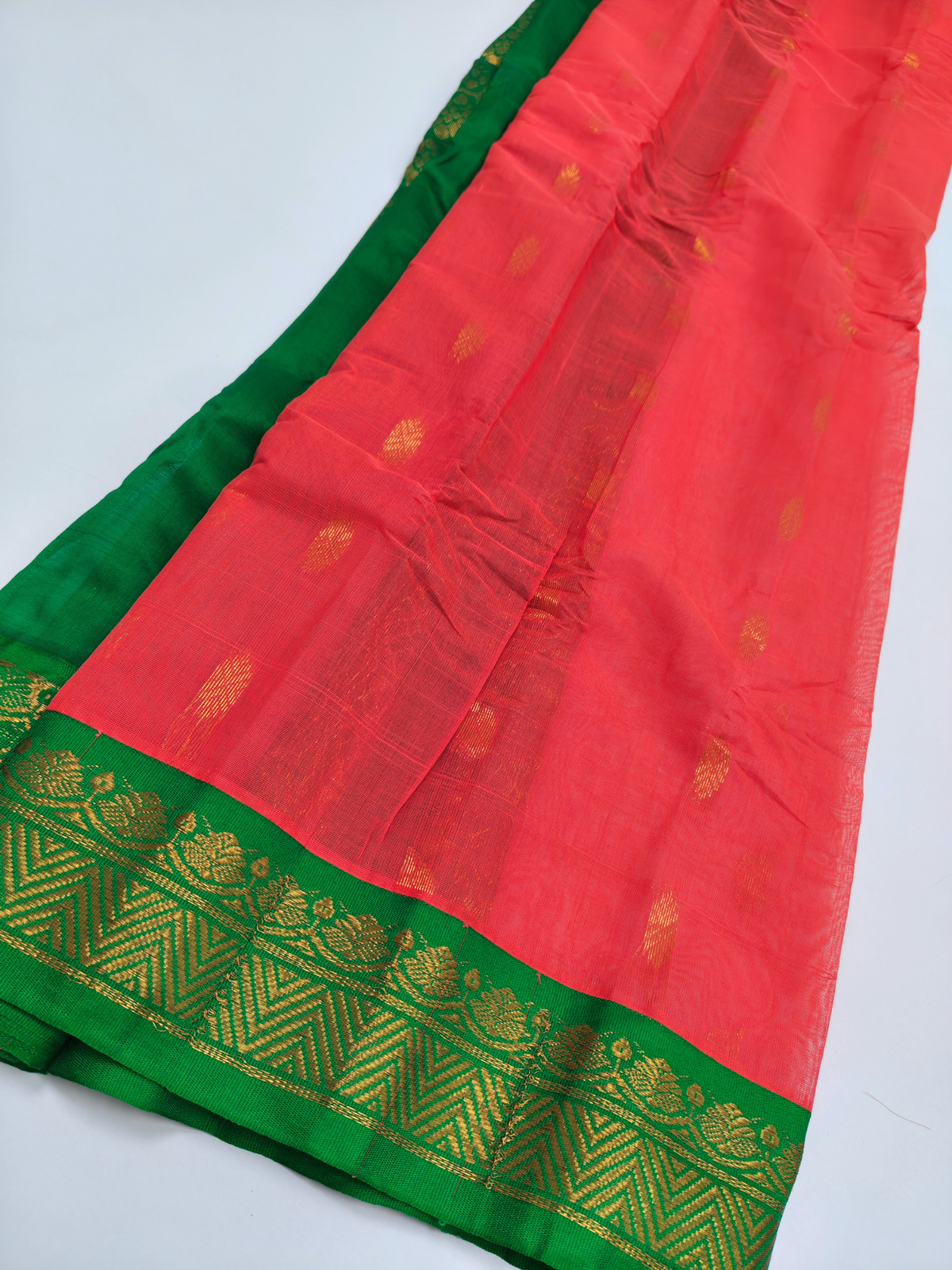 Coral Pink Gadwal Saree with Emerald Green Zari Border