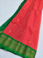 Coral Pink Gadwal Saree with Emerald Green Zari Border