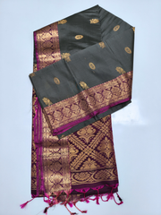 Charcoal Grey Upada Pattu Saree with Wine Zari Pallu