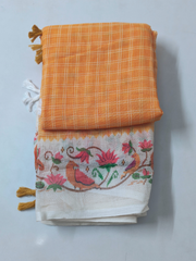 Yellow Checked Linen Cotton Saree with Floral Bird Border
