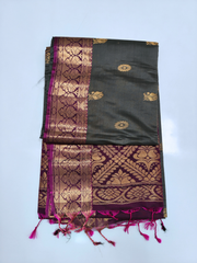 Charcoal Grey Upada Pattu Saree with Wine Zari Pallu