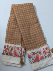 Brown Checked Linen Cotton Saree with Floral Bird Border