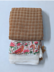 Brown Checked Linen Cotton Saree with Floral Bird Border
