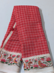 Red Linen Cotton Saree with Handcrafted Bird & Lotus Floral Border