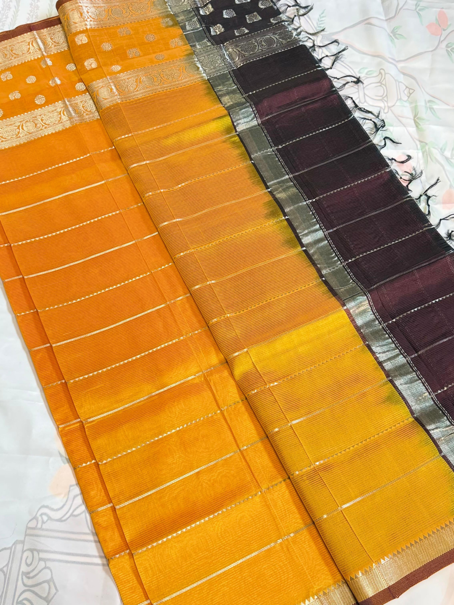 Radiant mustard yellow Mangalgiri pattu sarees