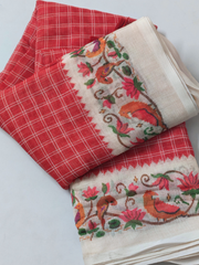 Red Linen Cotton Saree with Handcrafted Bird & Lotus Floral Border