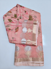 Peach Kota Saree with Floral Weave & Golden Zari Border