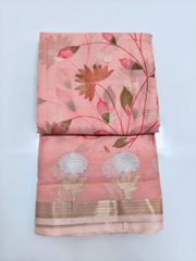 Peach Kota Saree with Floral Weave & Golden Zari Border