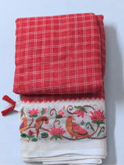 Red Linen Cotton Saree with Handcrafted Bird & Lotus Floral Border