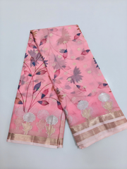 Pink Kota Saree with Floral Leaf Motifs & Golden Zari Border