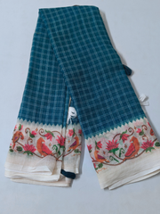 Blue Linen Cotton Saree with Handcrafted Bird & Lotus Border