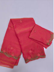 Vibrant Pink Space Silk Saree with Golden Floral
