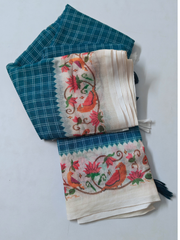 Blue Linen Cotton Saree with Handcrafted Bird & Lotus Border