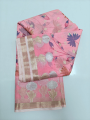 Pink Kota Saree with Floral Leaf Motifs & Golden Zari Border