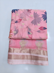 Pink Kota Saree with Floral Leaf Motifs & Golden Zari Border