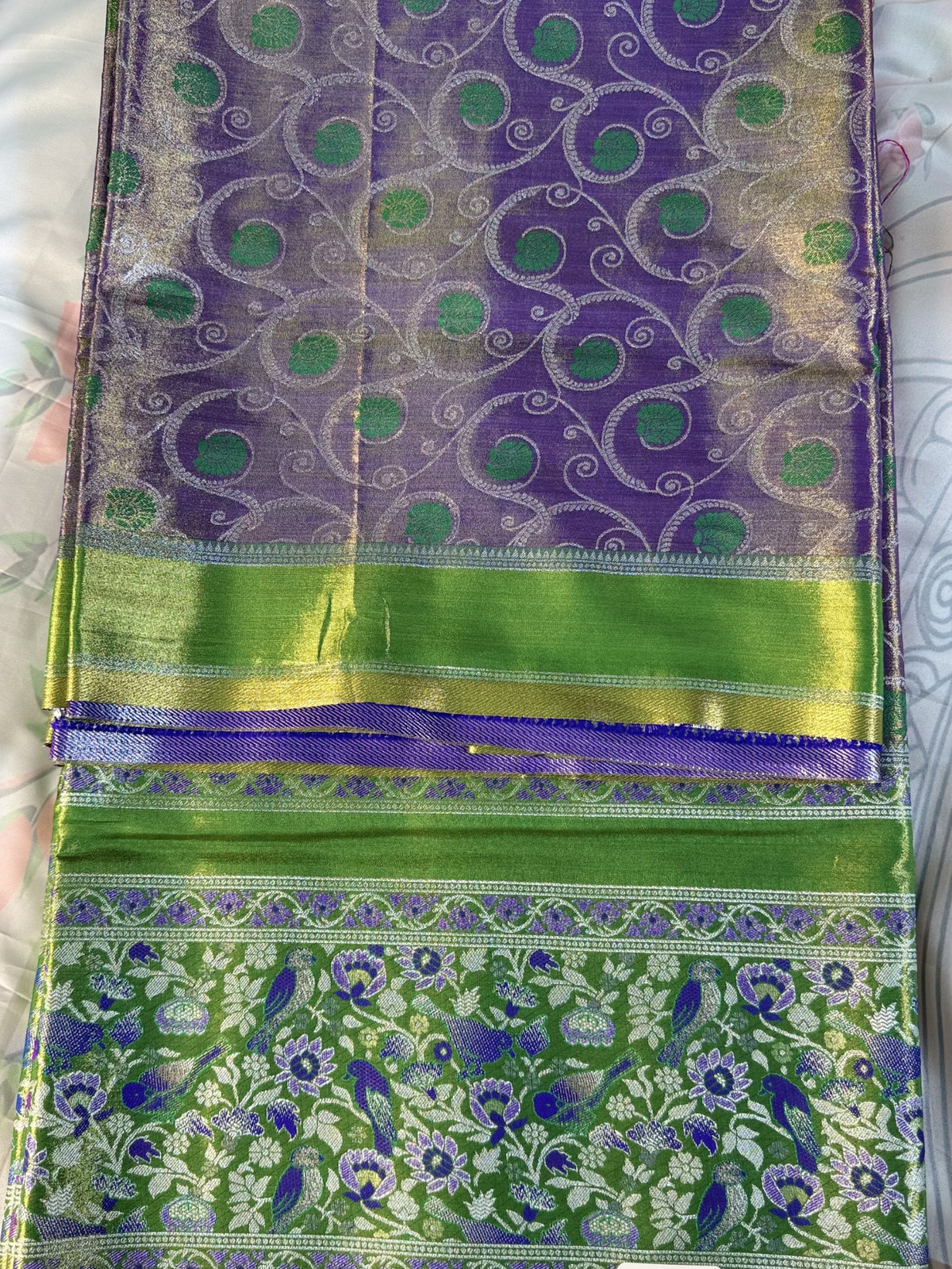 Purple & Parrot Green Tissue Gadwal Semi silk saree