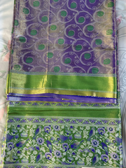 Purple & Parrot Green Tissue Gadwal Semi silk saree